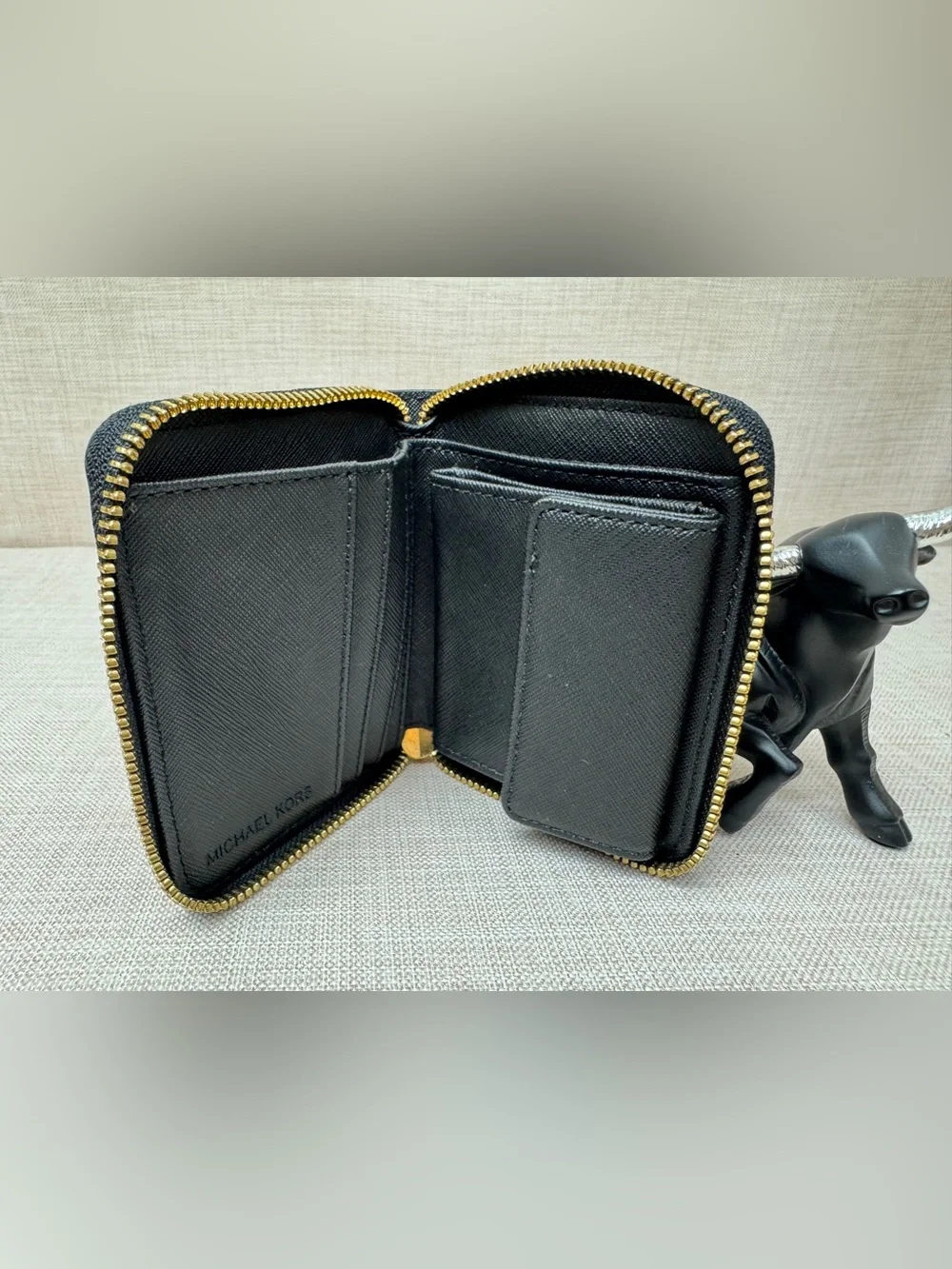 Michael Kors Black Saffiano Leather Compact Zip Wallet with Gold Plate